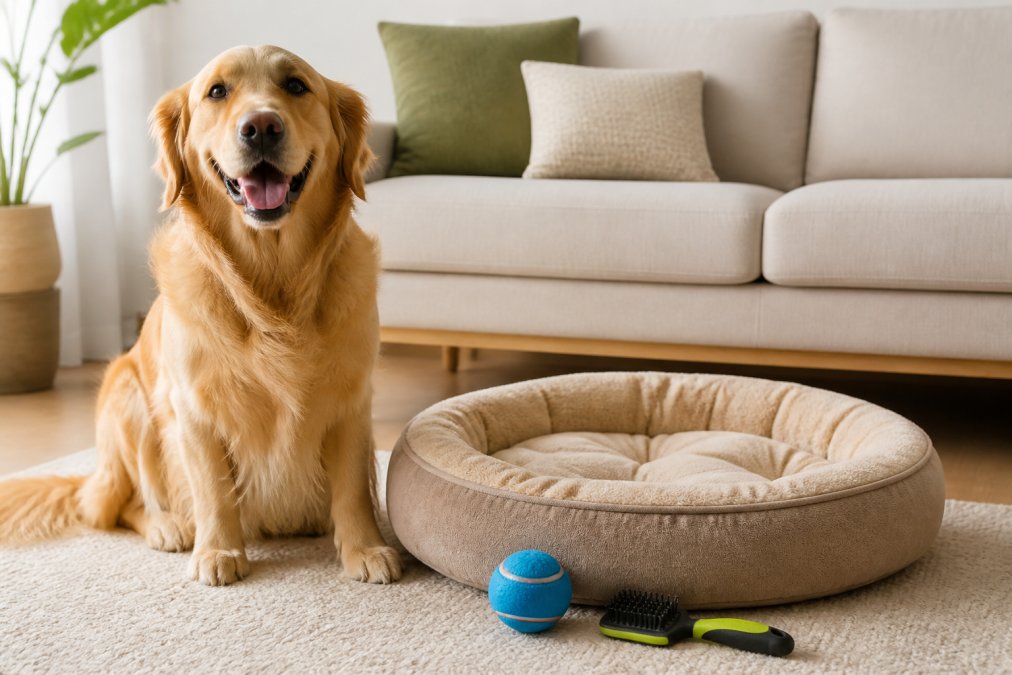 A happy golden retriever sitting next to a collection of new pet supplies including a plush bed, a rubber ball, and a grooming brush on a living room floor