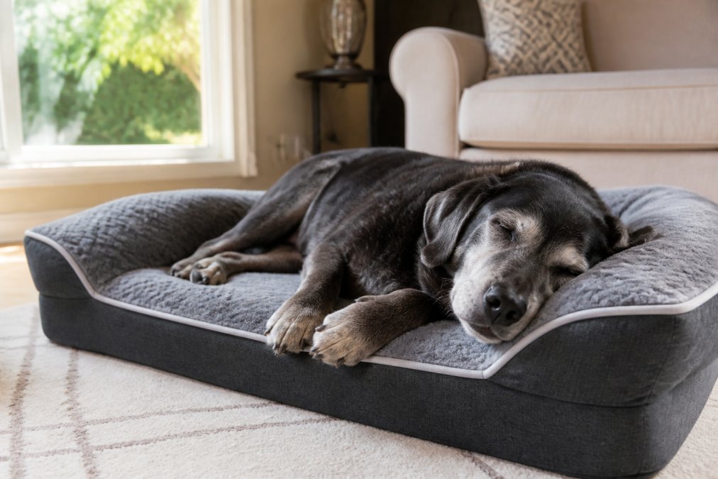 Senior gray-muzzled dog resting peacefully on a plush orthopedic bed in a sunlit living room, showing comfort and relaxation