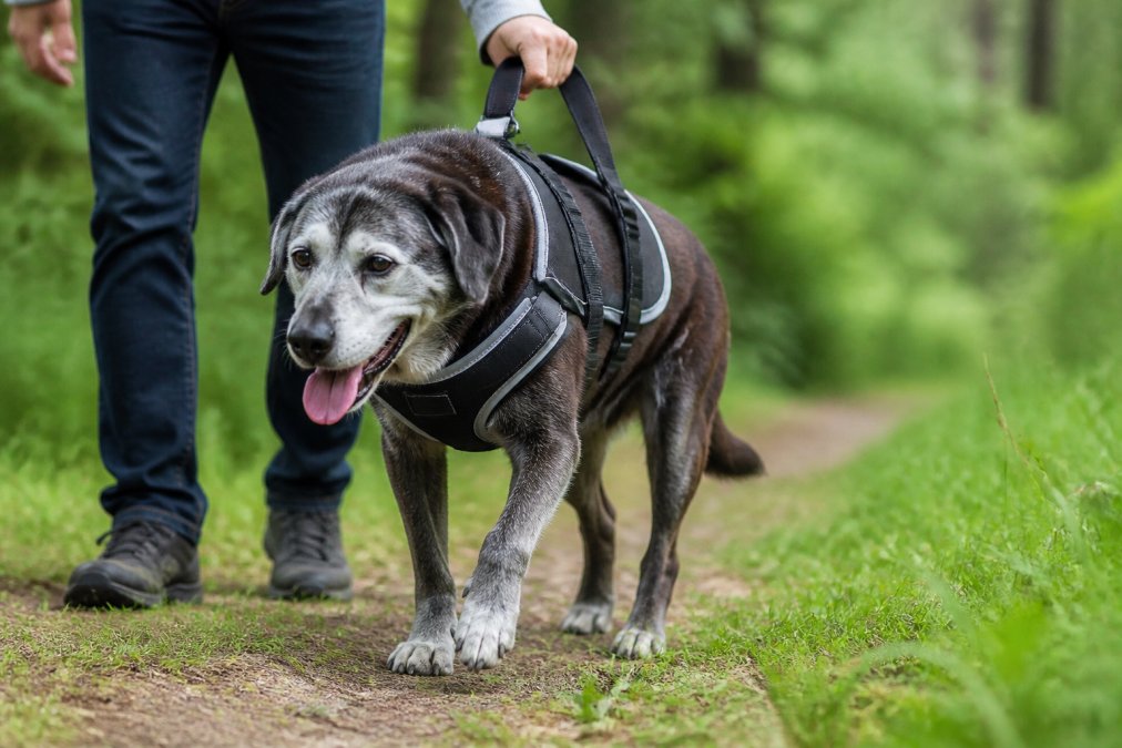 Older dog wearing a reflective support harness while walking on a grassy path with owner's hand gently guiding, showing mobility assistance in action