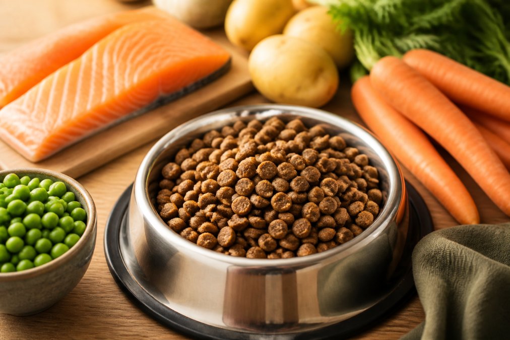 Close-up of high-quality dog food kibble in a stainless steel bowl with fresh salmon fillet and vegetables visible in soft natural lighting