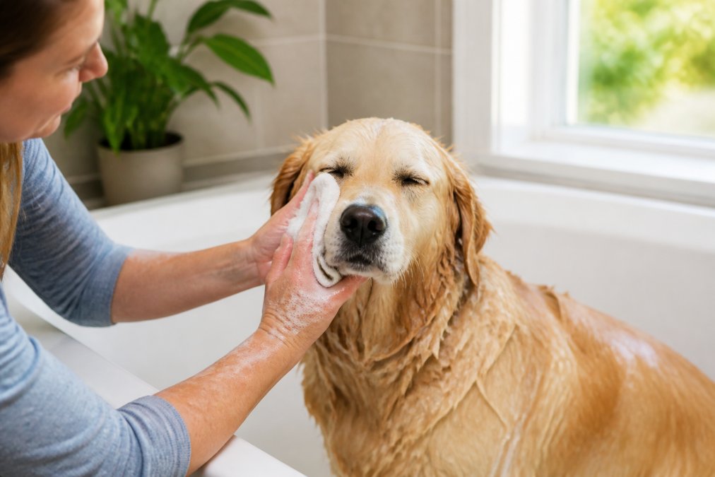 Pet owner gently bathing a calm dog with hypoallergenic shampoo, using a soft washcloth on the dog's face, warm water and natural bathroom lighting