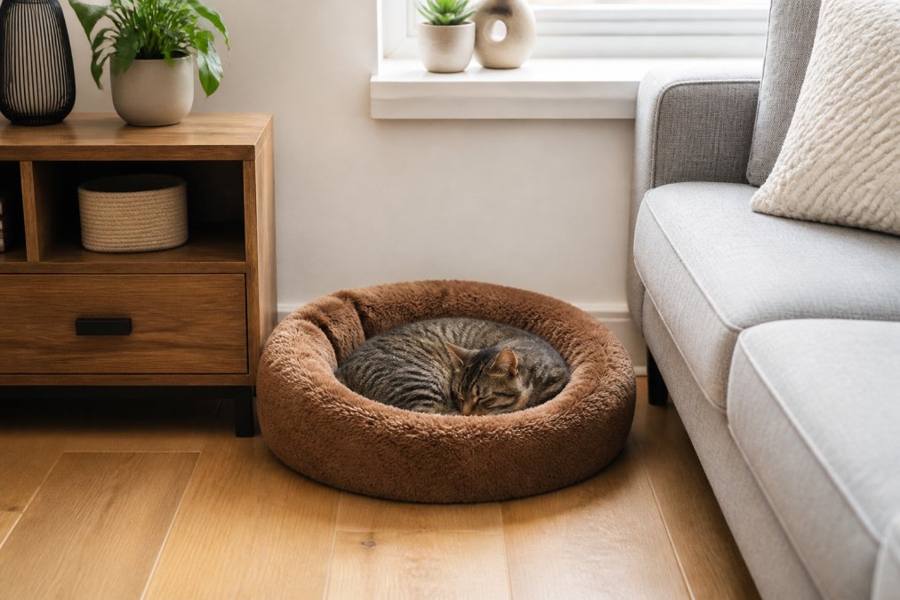 A small plush teddy brown pet bed placed in a bright, tidy corner of a compact flat living room, with a cat curled up inside and a wooden floor visible