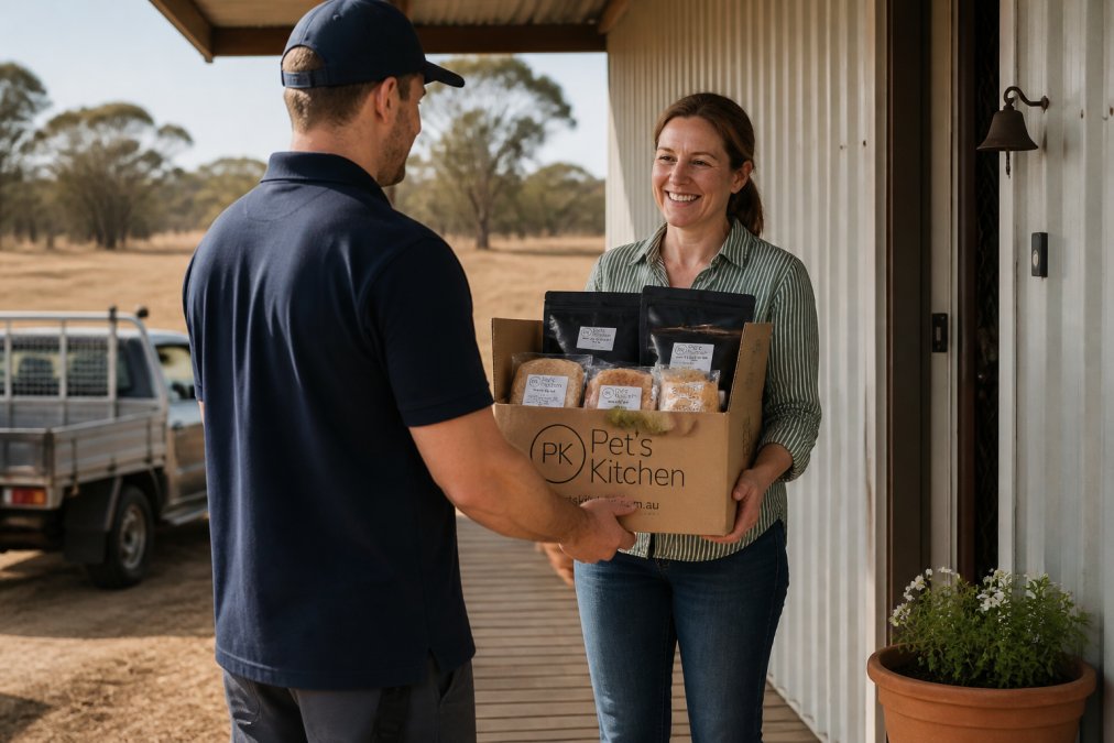 A delivery driver handing over a large cardboard box of pet supplies to a person at the door of a rural Australian homestead, dry paddock visible in the background