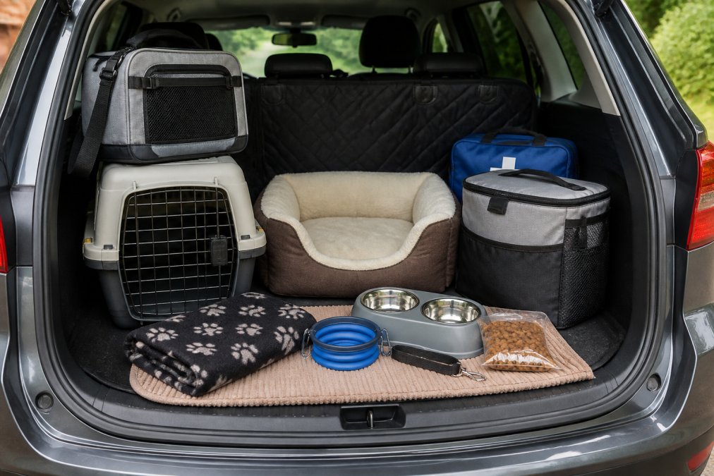 Infographic checklist of the best pet travel accessories for cars, including carriers, seat covers, and bowls.