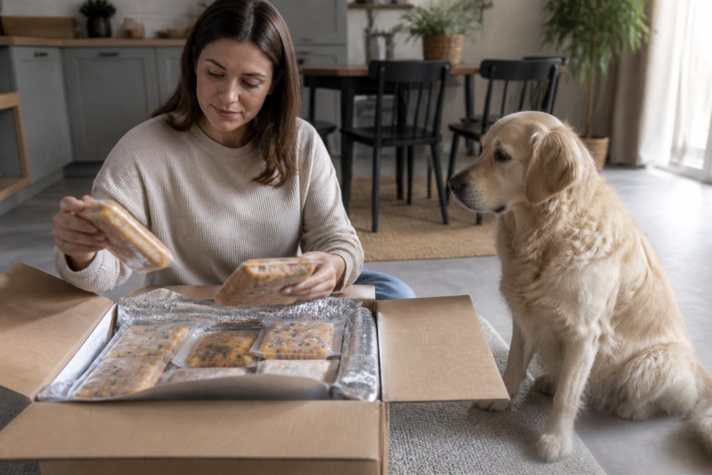 Pet owner unpacking a fresh food delivery box with pre-portioned meals, examining the contents carefully while their dog sits nearby watching