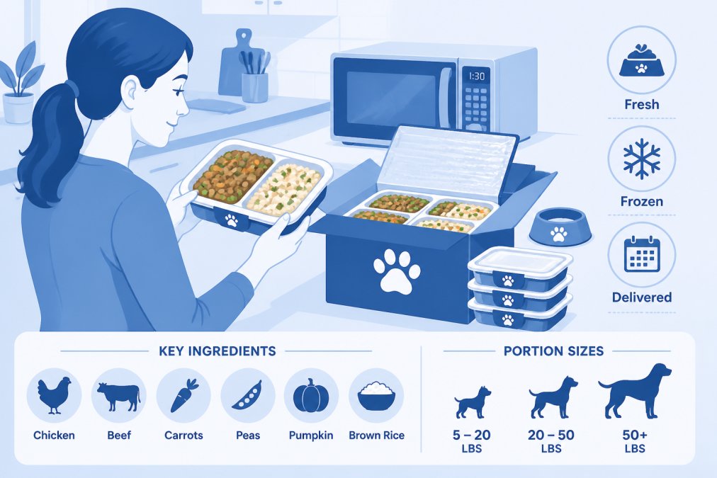 Pet owner examining fresh dog food meal in microwavable container, showing the pre-portioned meals and ingredient quality in natural kitchen lighting