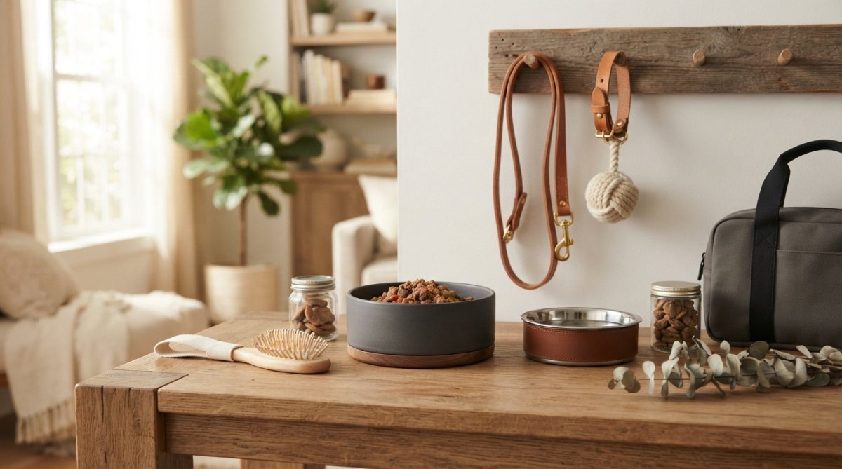 Modern, minimalist pet supplies arrangement featuring a sleek smart feeder with camera display, premium orthopedic pet bed in neutral tones, and designer toys on a light wooden shelf in a contemporary living room with natural window lighting
