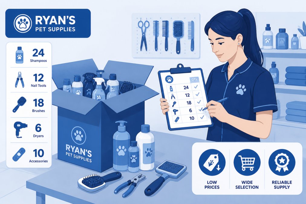 Professional groomer unpacking and organizing supplies from a Ryan's Pet Supplies shipment on a salon work table, checking inventory against an order sheet