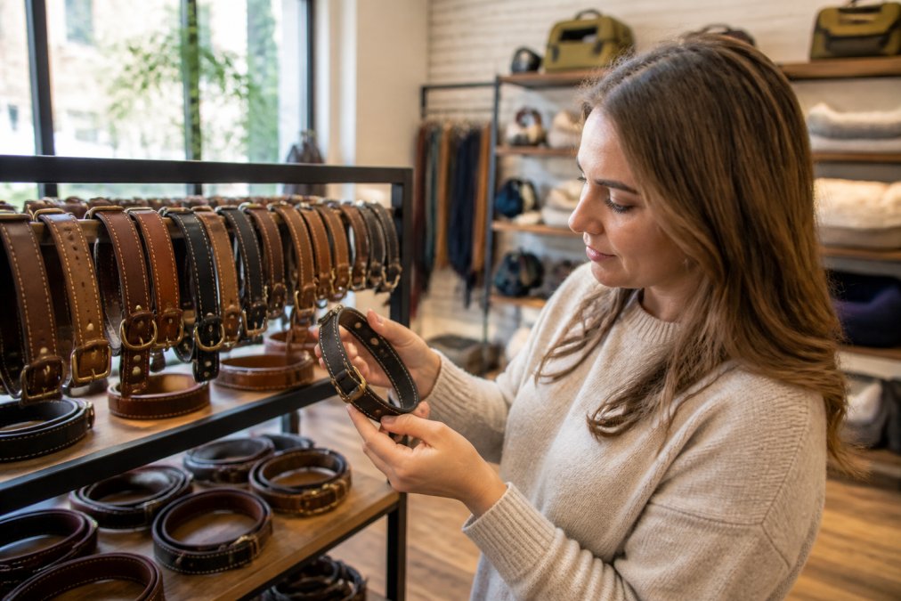 Dog owner carefully selecting premium leather collar from display, examining stitching quality and padding detail in well-lit boutique setting