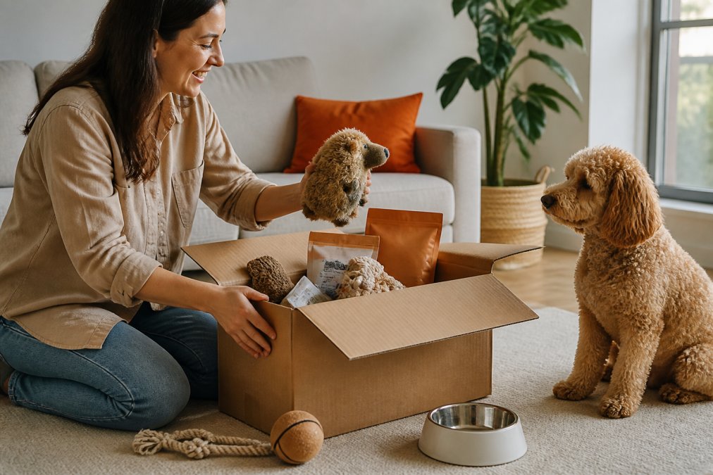 Pet owner unpacking a box of premium pet supplies at home, carefully removing toys, food bags, and treats with a curious dog watching nearby on a bright afternoon