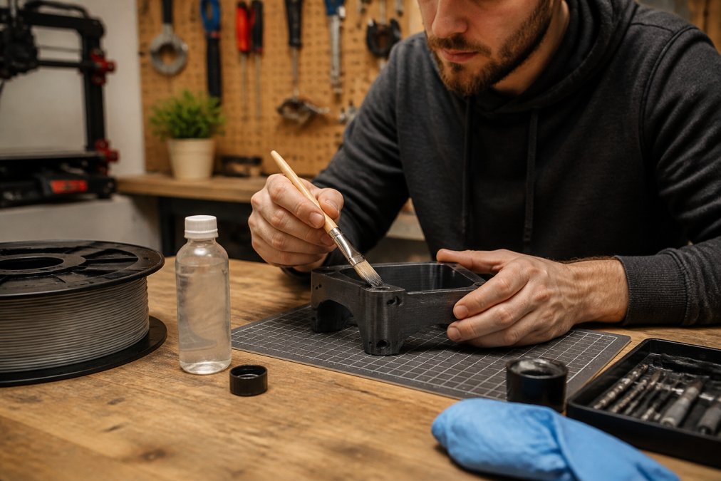 Maker brushing a clear UV-resistant coating onto a 3D printed PETG bracket to ensure it is the best petg filament for