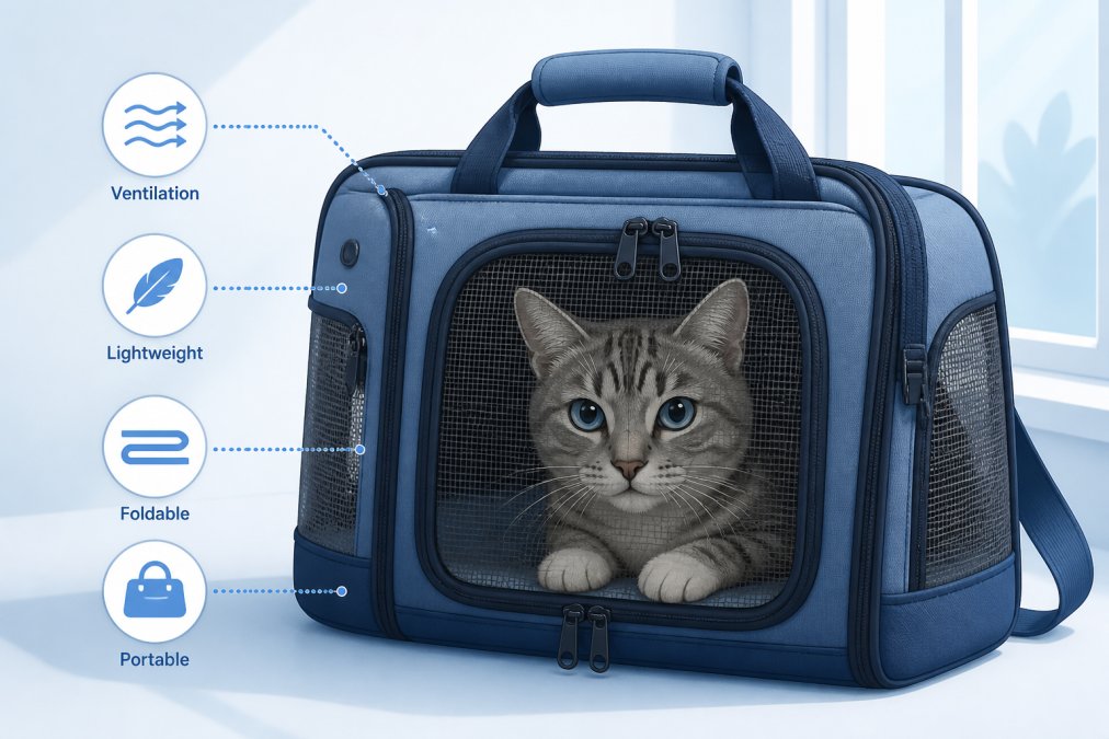 Cat sitting inside a soft-sided carrier with mesh ventilation panels visible, showing the cat's face and front paws through the mesh, natural window lighting illuminating the carrier interior