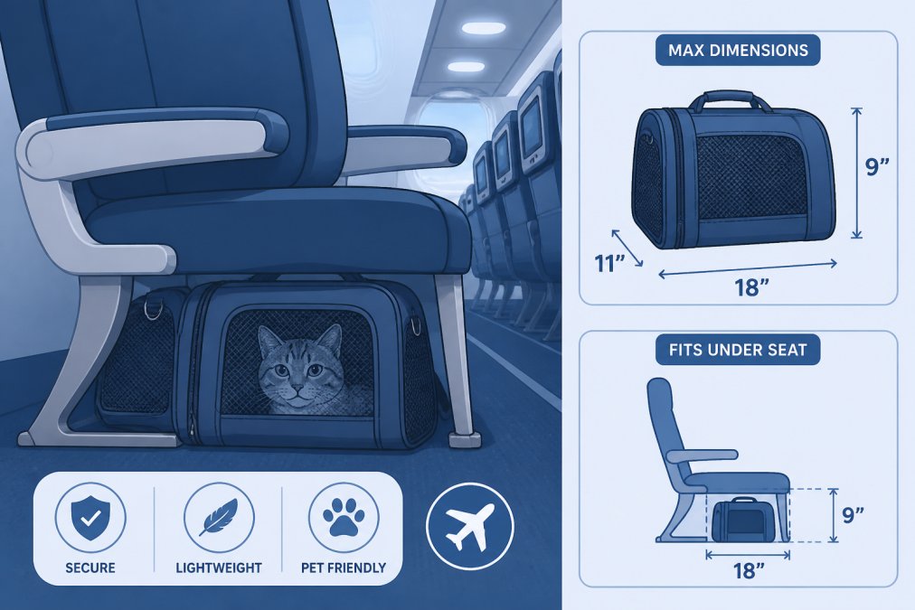 Cat carrier positioned under an airplane seat in a cabin, showing proper airline-compliant dimensions with secure placement against the seat base, cabin lighting visible in background