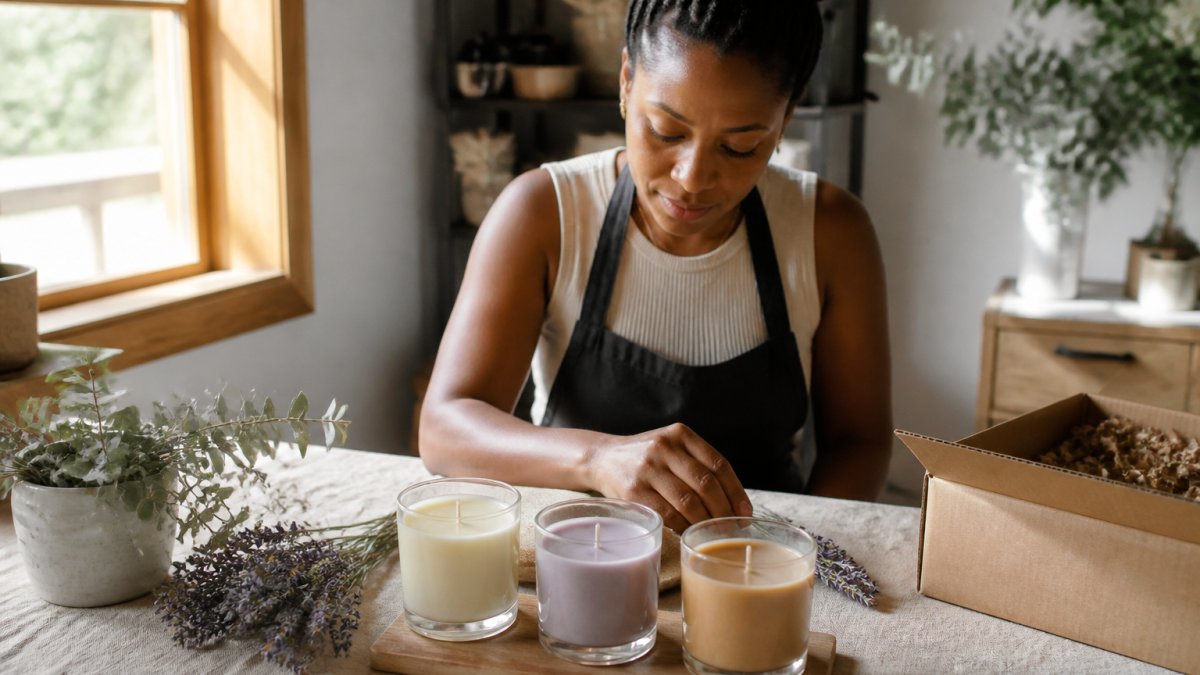 Flat lay of three artisanal soy candles in glass jars with different colored wax and minimalist labels, arranged on a neutral linen surface with dried lavender and eucalyptus sprigs nearby, natural window light casting soft shadows