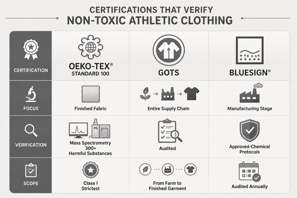 Comparison matrix showing OEKO-TEX STANDARD 100 (tests finished fabric using mass spectrometry for 300+ harmful substances, Class I strictest), GOTS (audits entire supply chain from farm to finished garment for organic cotton), and Bluesign (prevents chemicals at manufacturing stage through approved-chemical protocols, audited annually)