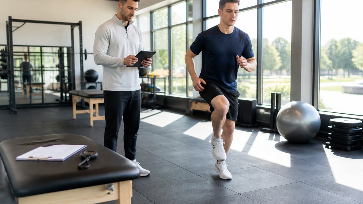 A physical therapist guiding a college-aged athlete through a single-leg hop test in a bright rehabilitation gym, clipboard and stopwatch on a nearby table, natural light from tall windows
