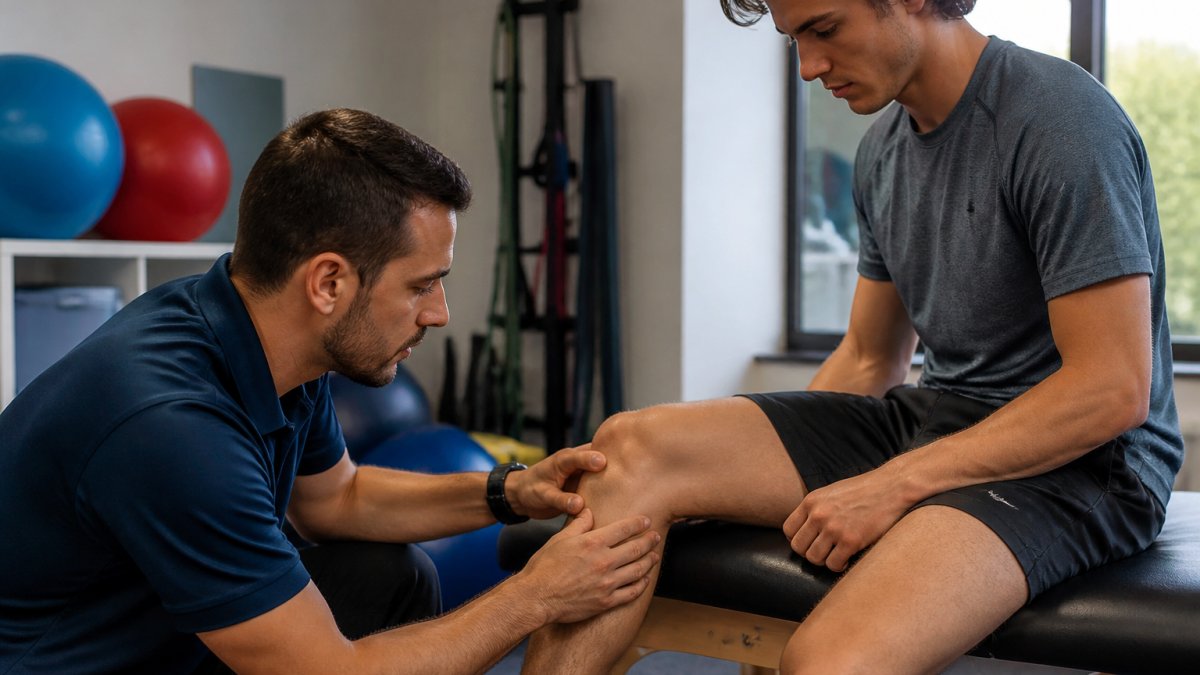 Physical therapist performing manual assessment and palpation of athlete's knee joint during comprehensive injury evaluation in clinical setting with natural window lighting