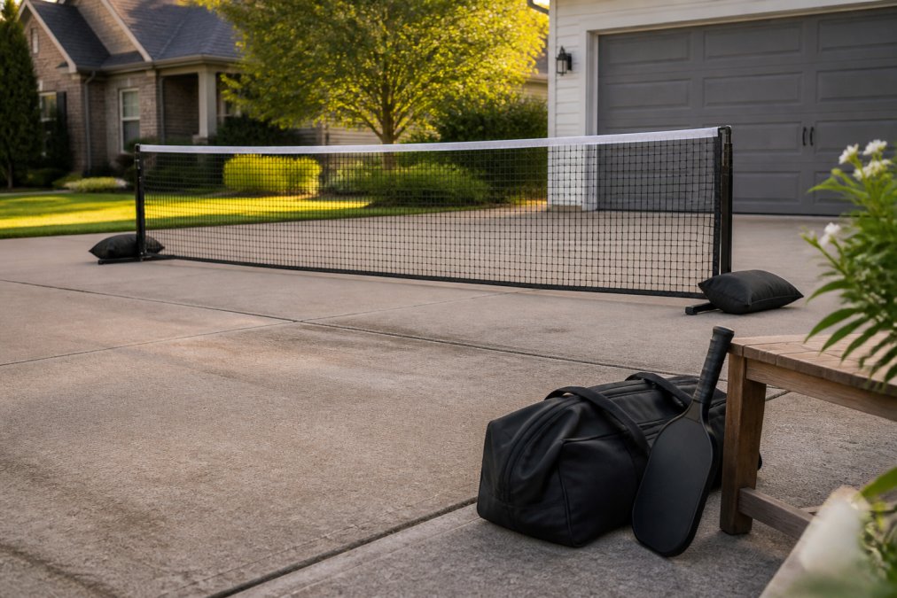 A portable pickleball net set up on a driveway with sandbag weights on each base, a carry bag and paddle leaning against a nearby bench