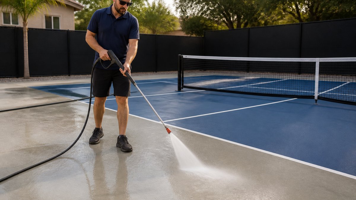 Professional demonstrating pressure washing equipment on residential concrete court surface, showing water spray and surface texture detail with afternoon sunlight