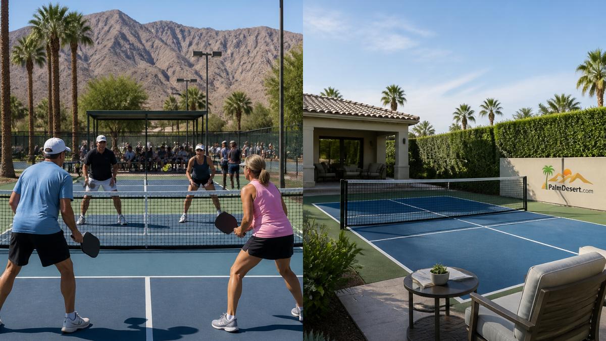 A group of adults playing pickleball on an outdoor hard court in a sunny desert park, with mountains visible in the background and players waiting near the net
