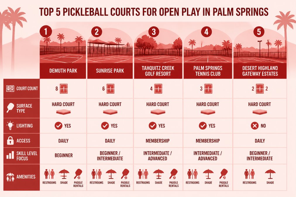 Comparison matrix of top 5 pickleball courts in Palm Springs showing: court count (2-8 courts), surface type (concrete/hard court), lighting availability (yes/no), membership vs. daily access, skill level focus (beginner/intermediate/advanced), amenities (restrooms, shade, paddle rentals)
