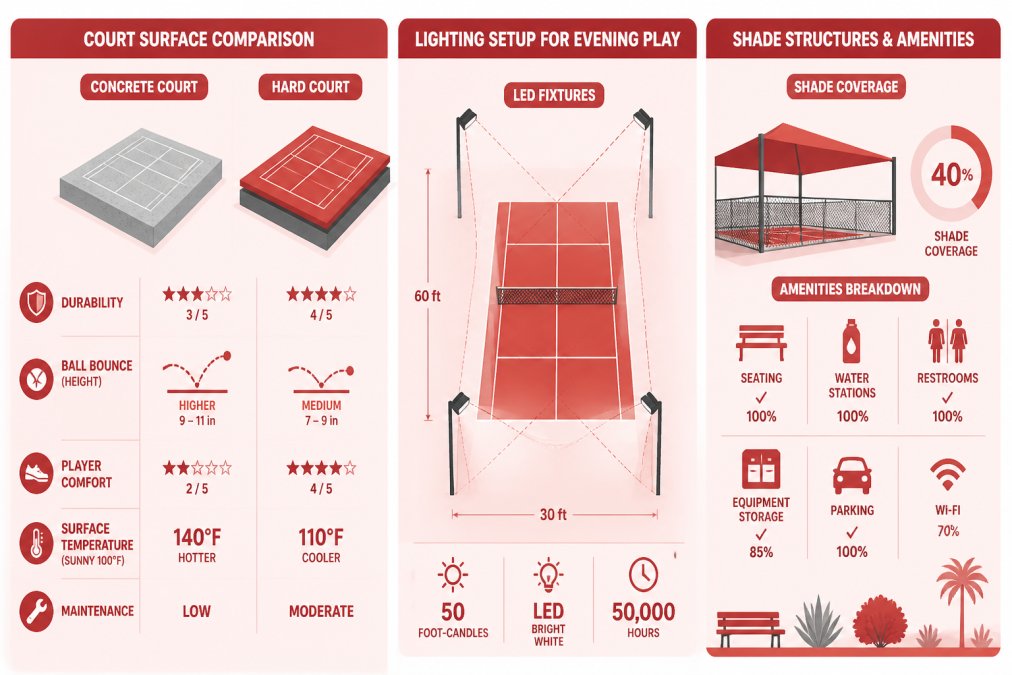 Diagram showing court surface comparison: concrete vs. hard court durability, ball bounce characteristics, player comfort ratings; lighting setup diagram for evening play showing LED fixture placement; shade structure and facility amenities breakdown