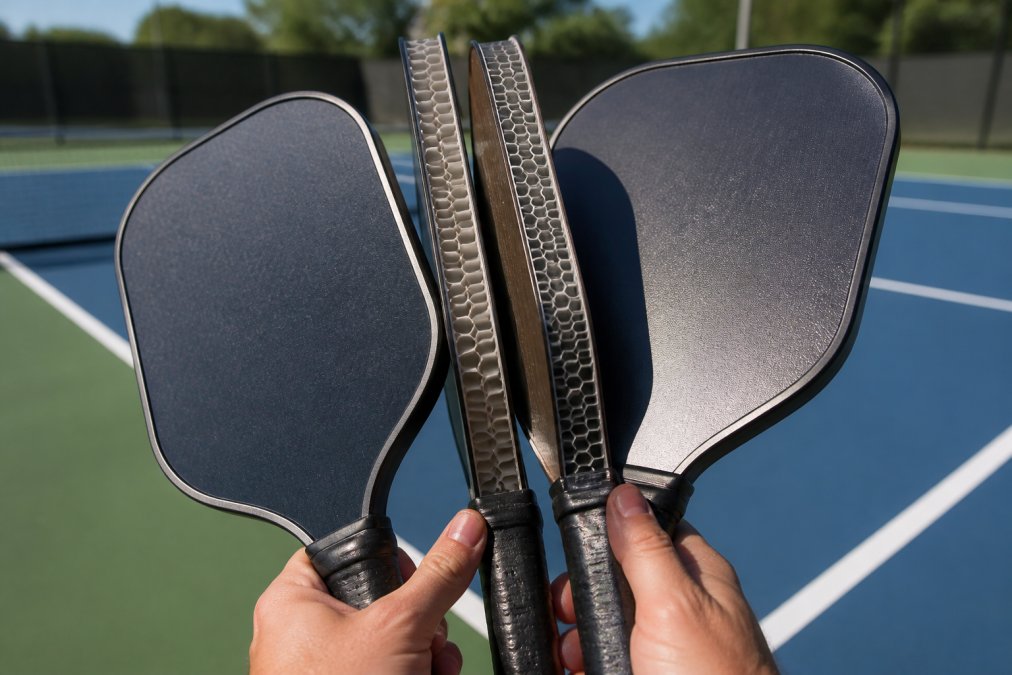 Close-up of hands holding multiple pickleball paddles side by side, displaying graphite faces and honeycomb core construction details on a bright outdoor court with natural sunlight highlighting the paddle surfaces