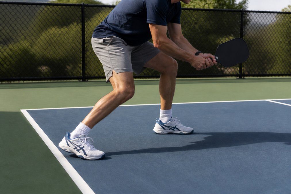 Casual player wearing court shoes with visible lateral support and cushioning, viewed from the side during a match on a pickleball court, showing proper footwear positioning and active play stance