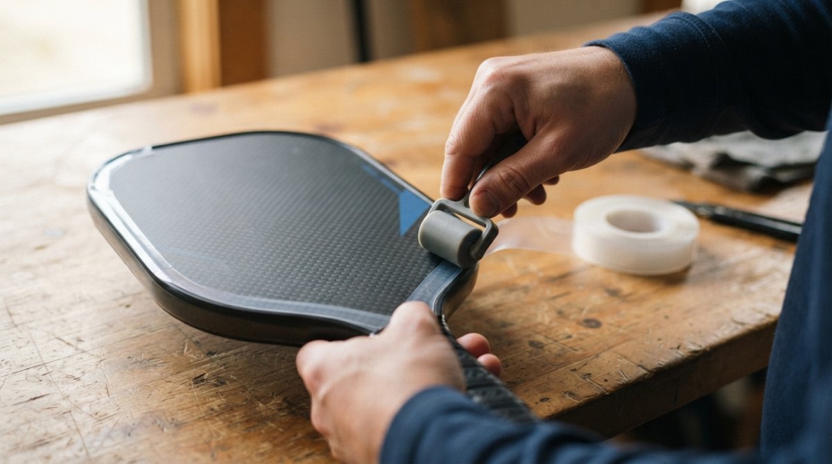 Close-up of hands carefully applying clear edge guard tape to the frame of a pickleball paddle, showing proper alignment and smoothing technique with a roller tool on a wooden table