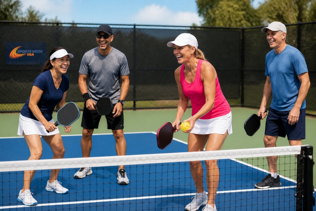 Beginners laughing on an outdoor court while holding colorful pickleball paddles before a match