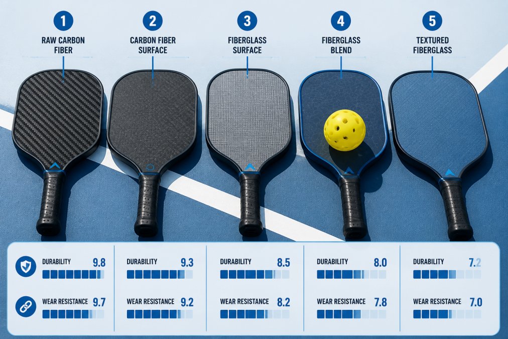 Close-up of five pickleball paddles laid flat on a hard court surface, showing different paddle face textures including raw carbon fiber weave and fiberglass surfaces, with a yellow pickleball resting on one of the paddle faces under bright outdoor lighting