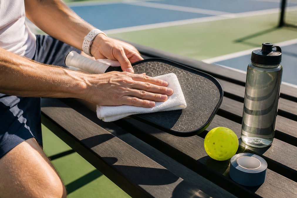 A player's hands wiping down a pickleball paddle face with a white microfiber cloth on a courtside bench, with grip tape, a water bottle, and a spare pickleball visible in the background under afternoon sunlight