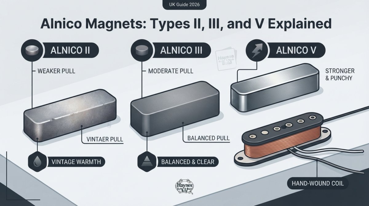 Close-up of three Alnico magnet bars (II, III, V) arranged on a workbench showing different surface finishes and colours, with a hand-wound guitar pickup coil positioned nearby under workshop lighting