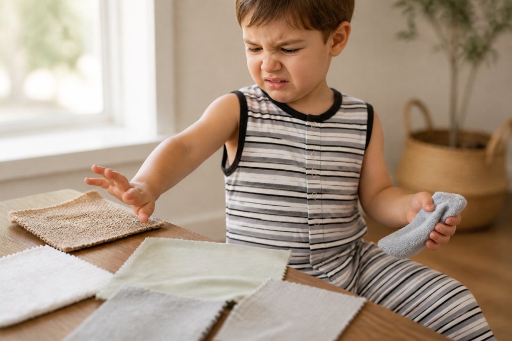 A young child's face showing visible discomfort while touching different fabric swatches, hands pulling away from rough textures, soft natural lighting from a window