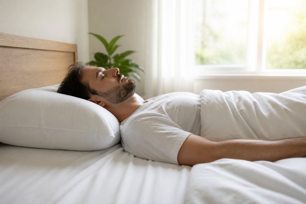 Person lying on back in bed with proper head and neck alignment, pillow positioned to maintain neutral spine position, natural morning light through bedroom window