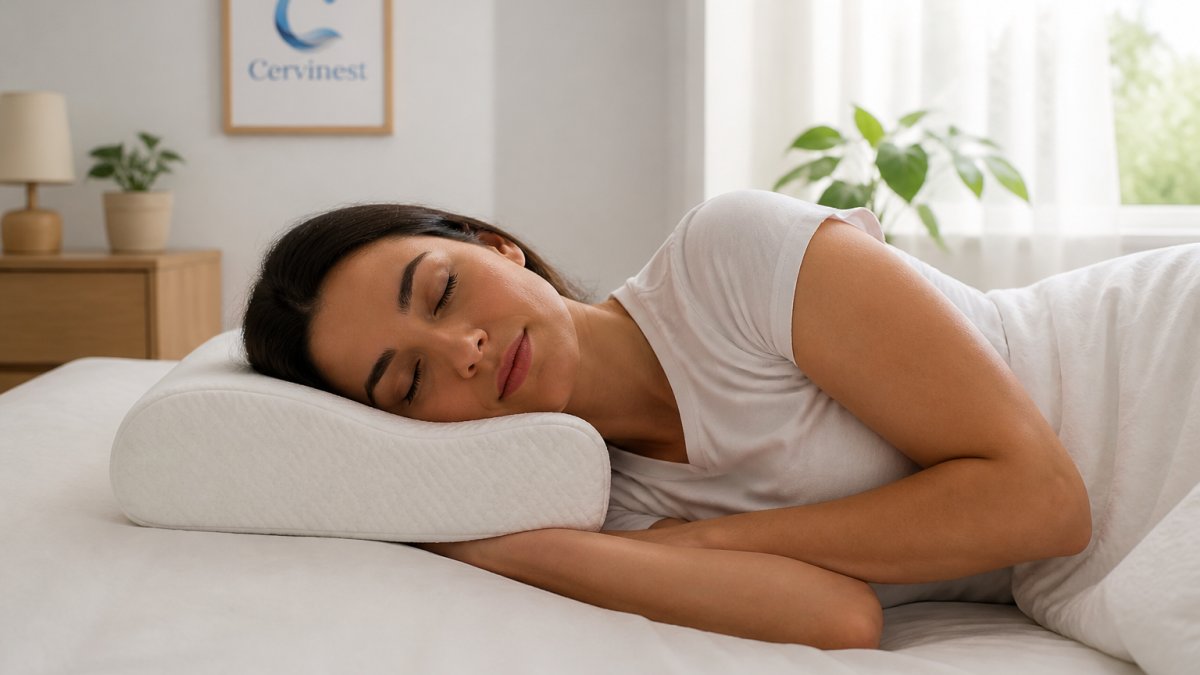 Person sleeping on their side with proper neck alignment, head level with spine, using a contoured orthopedic pillow in a bright bedroom with natural morning light