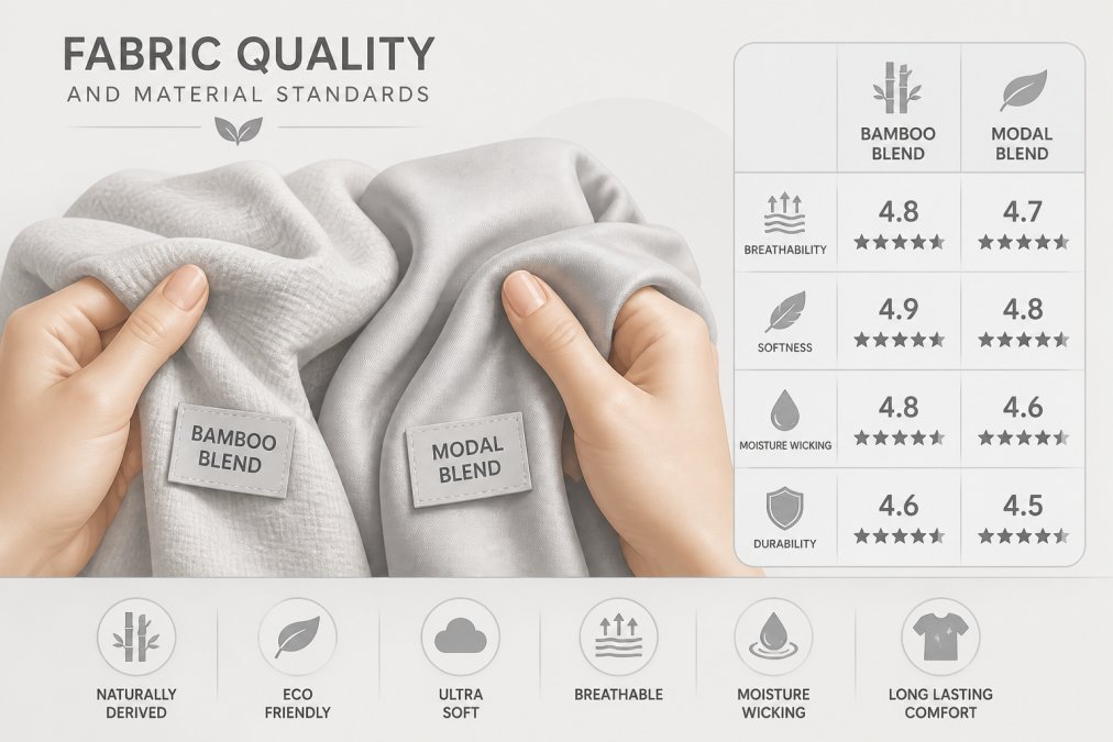 Close-up of hands holding and examining soft fabric materials like bamboo and modal blends, showing texture and quality detail