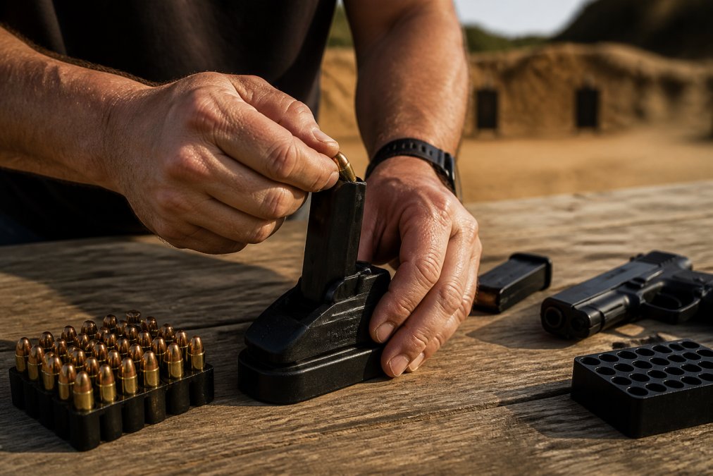 Close-up of a shooter's hands pressing a round into a pistol magazine seated in a loader on a wooden bench at an outdoor range, late afternoon sunlight