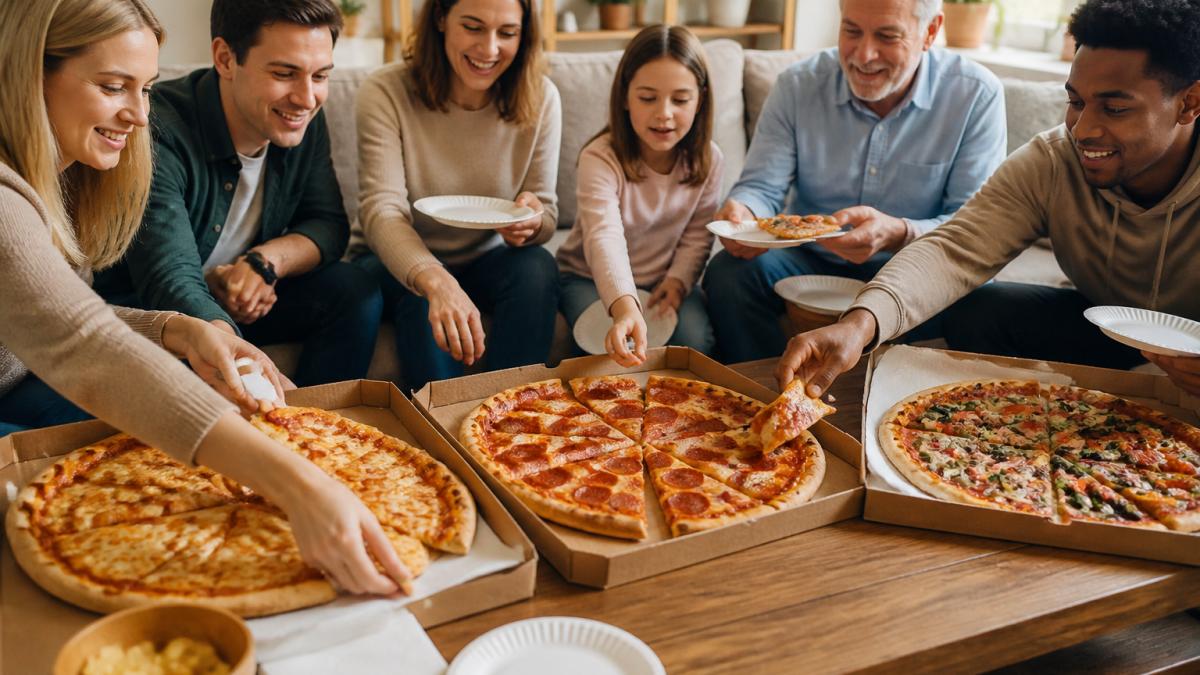 A casual living room gathering with friends and family reaching for slices from open pizza boxes on a coffee table, with paper plates, napkins, and a mix of cheese, pepperoni, and veggie pizzas visible