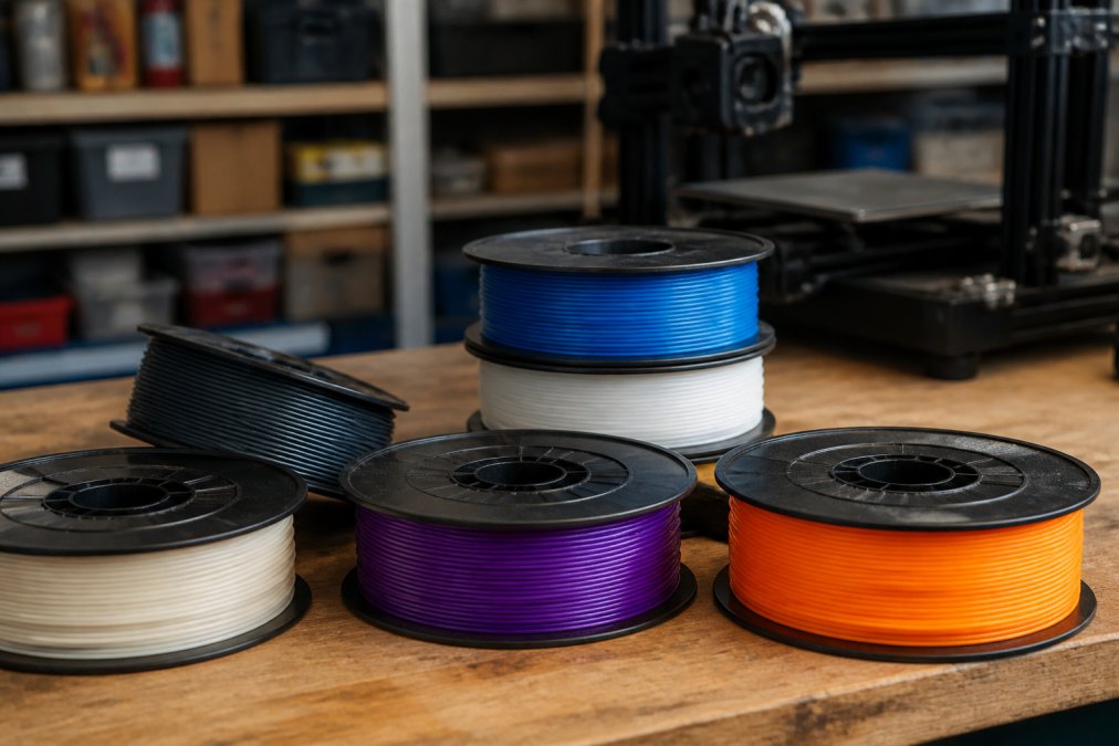 Close-up of various PLA filament spools in different colors and finishes arranged on a workbench with a 3D printer visible in the background, showing the contrast between matte and glossy surfaces