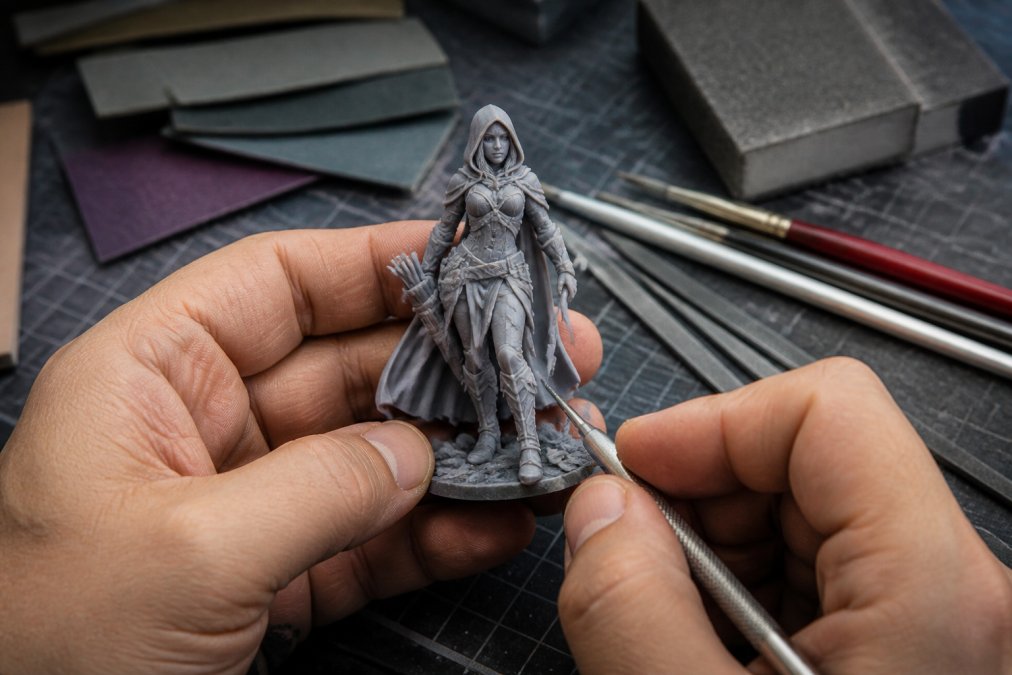 Hands holding a detailed miniature 3D printed model with fine features visible, demonstrating careful post-processing work with fine sanding tools and paint brushes nearby on a workbench