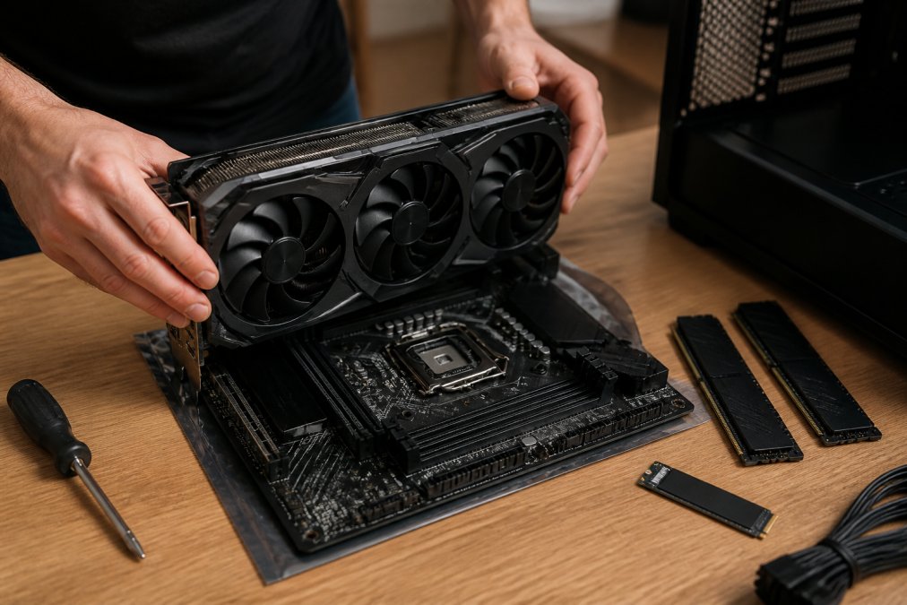 Close-up of a person's hands carefully installing a graphics processing unit into a motherboard on a well-lit workbench, with RAM sticks and a solid state drive arranged neatly nearby
