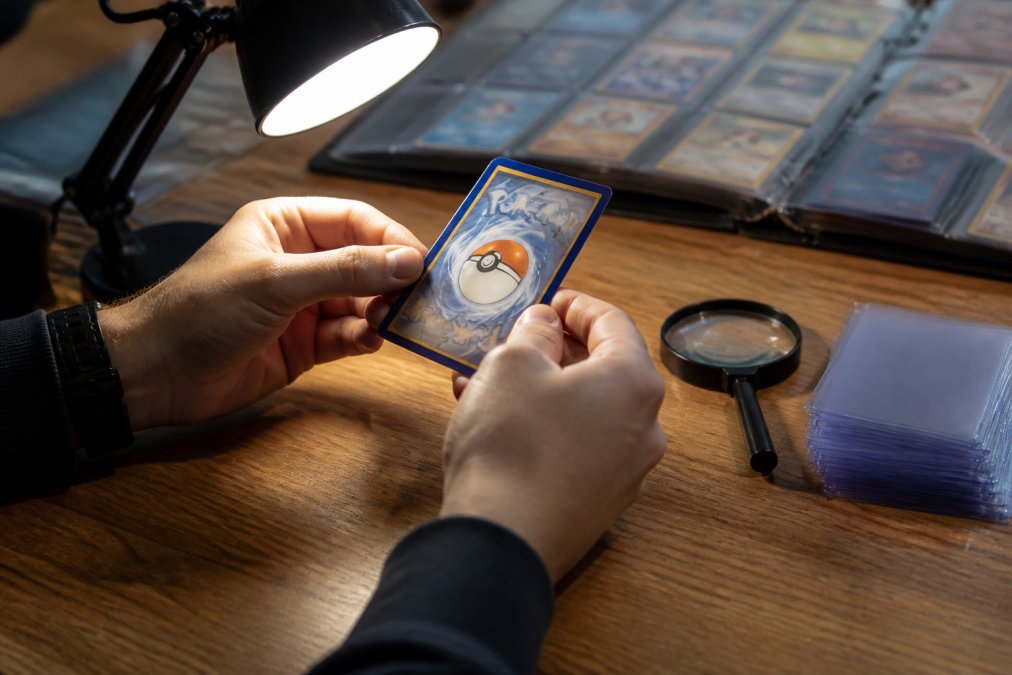 Step-by-step guide on inspecting pokemon singles for wear using a magnifying glass and desk lamp.