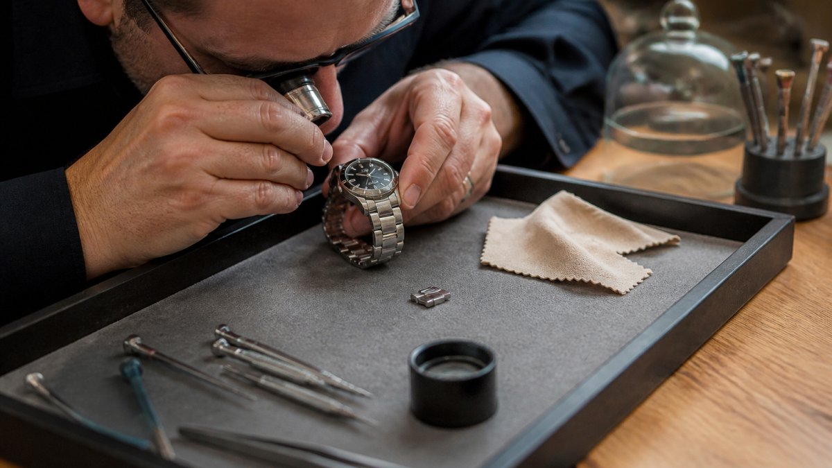 Close-up of a jeweller's hands using a loupe to inspect a stainless steel luxury watch on a felt tray, with a soft cloth and small tools nearby in a warm workshop setting