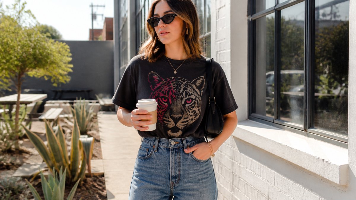 Person in a bold statement tee and high-waisted jeans holding a coffee in a bright urban setting