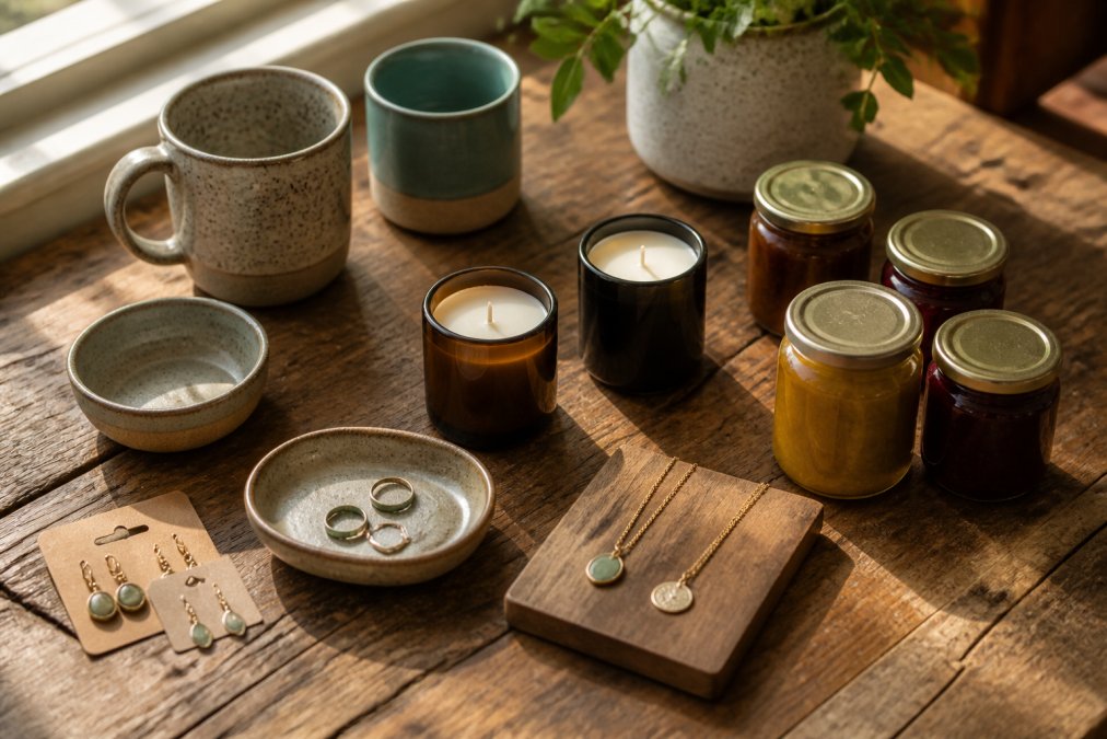 Professional illustration showing arranged and beautifully and flat concepts for artisanal gifts
