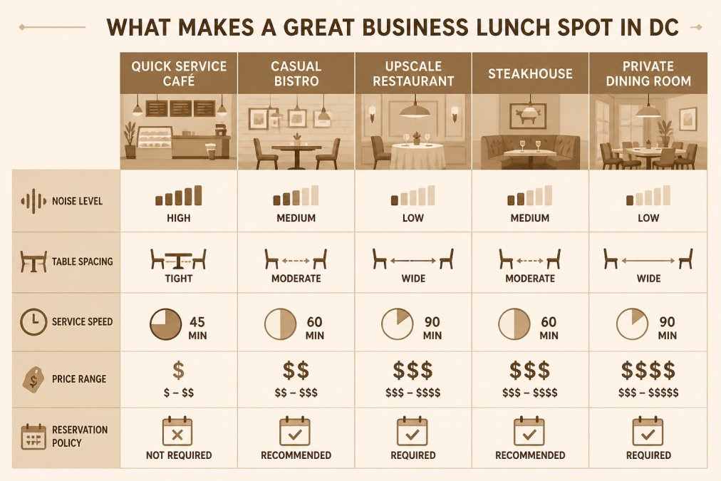 Comparison matrix of business lunch factors across restaurant types: noise level low/medium/high, table spacing tight/moderate/wide, service speed 45/60/90 minutes, price range, and reservation policy