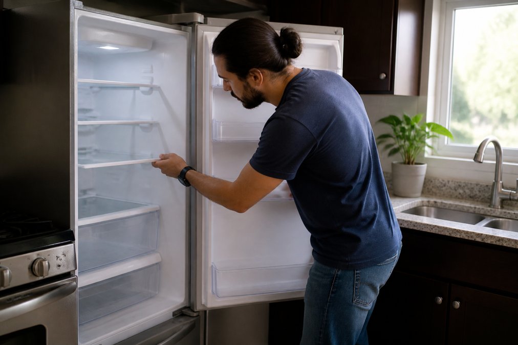 Person carefully examining the interior of a refrigerator, checking shelves and seals for damage and cleanliness, with natural light from a kitchen window