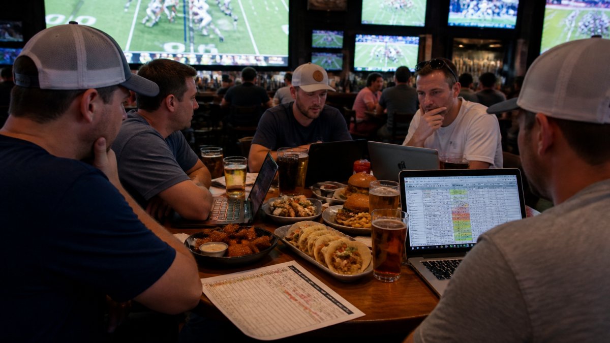 Group of friends gathered around a table at a sports bar, laptops and draft boards visible, beers and appetizers in the foreground, multiple TV screens in the background showing live games