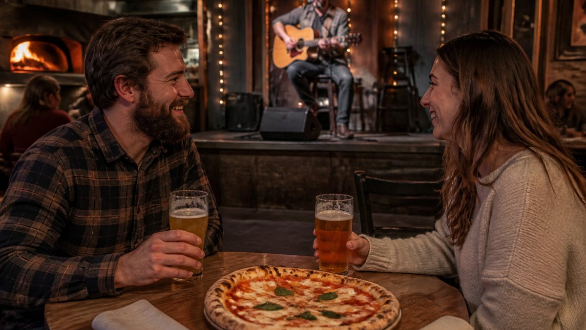 A couple sharing a wood-fired pizza and two craft beers at a warmly lit corner table while a local musician plays acoustic guitar on a small stage behind them